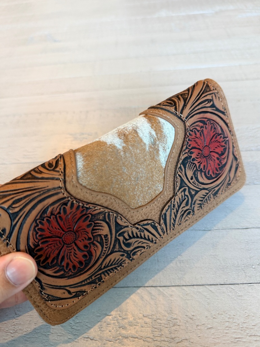 Trinity Ranch Floral Tooled and Hair-On Cowhide Collection Wallet Tan
